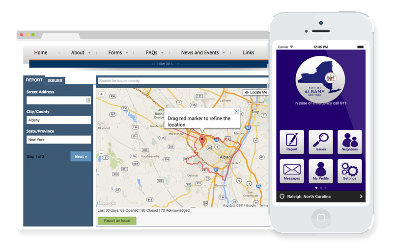 Mobile and desktop views from the Albany SeeClickFix app.