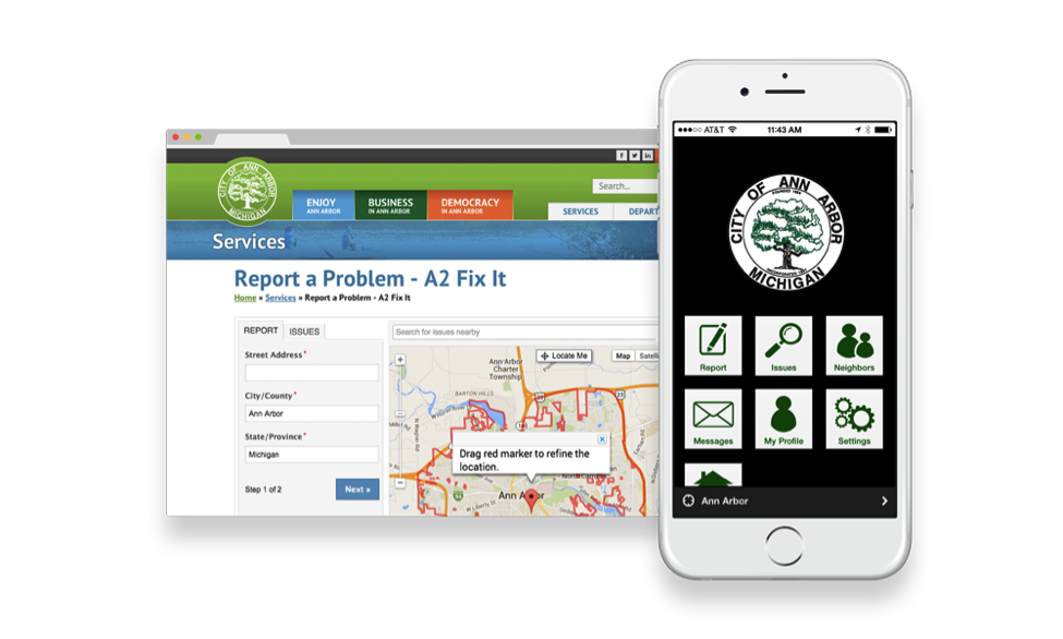 A desktop and mobile view of the Ann Arbor SeeClickFix app.
