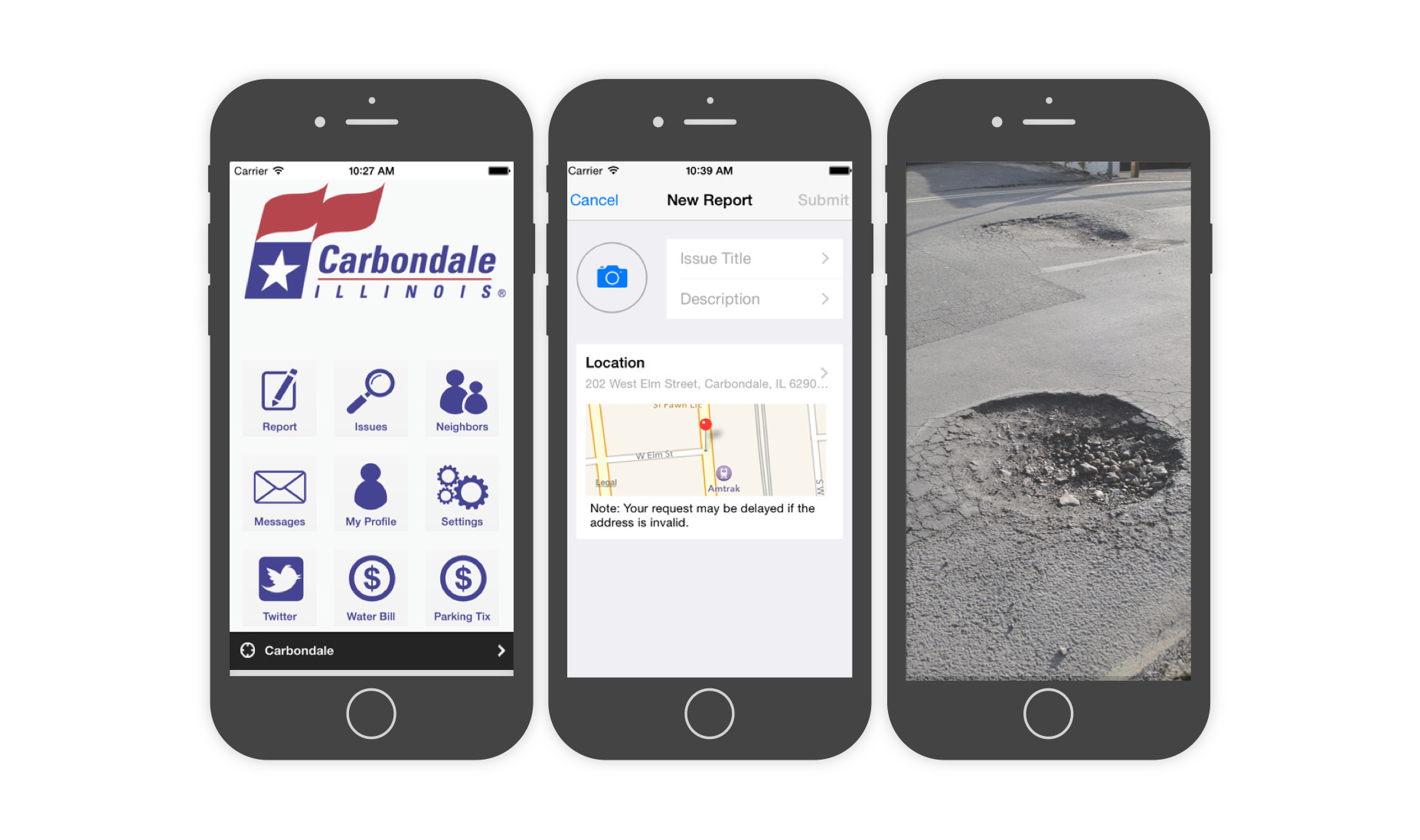 Carbondale's custom-branded mobile app, showing its homepage and two different screens.