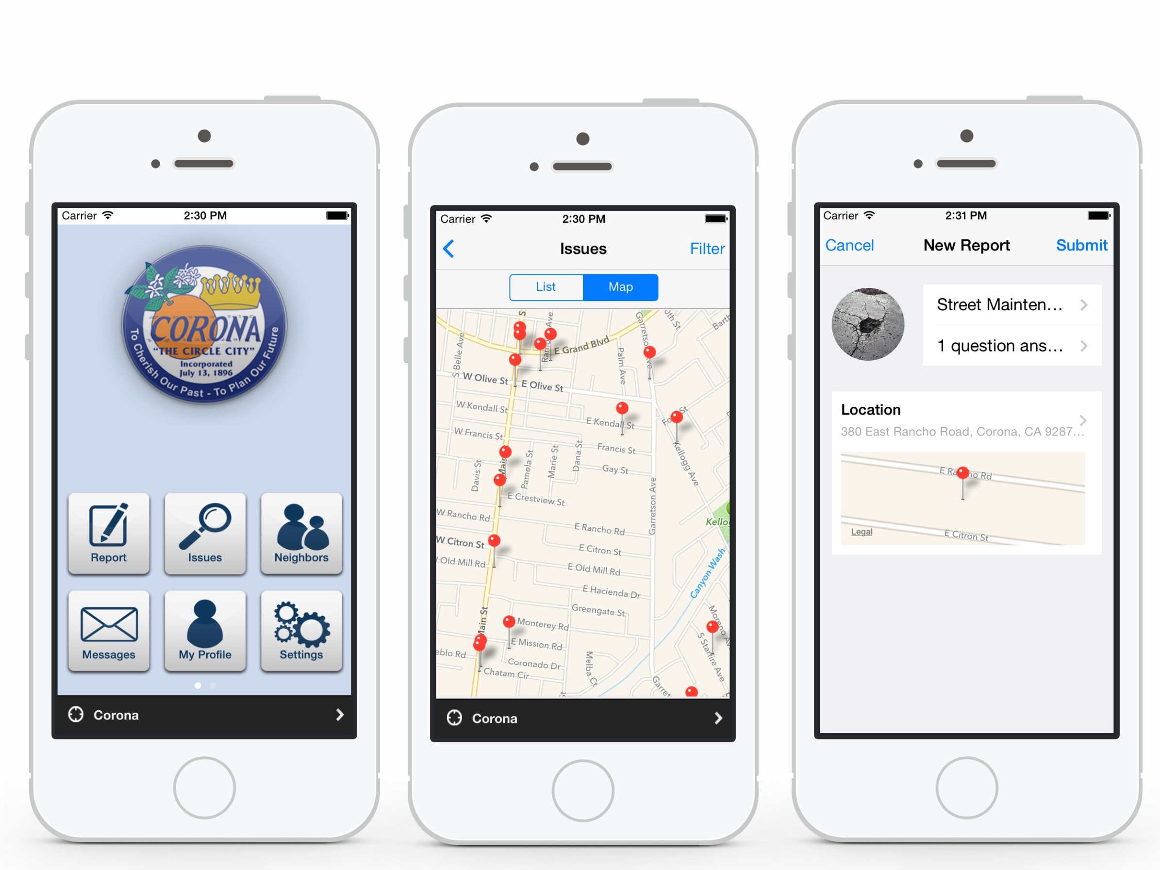 Different mobile views from the Corona SeeClickFix app.