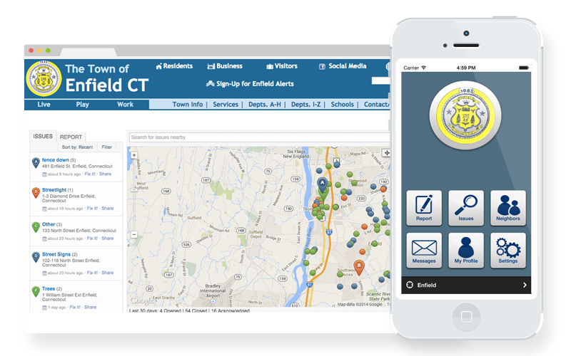 Desktop and mobile views of the Enfield SeeClickFix app.