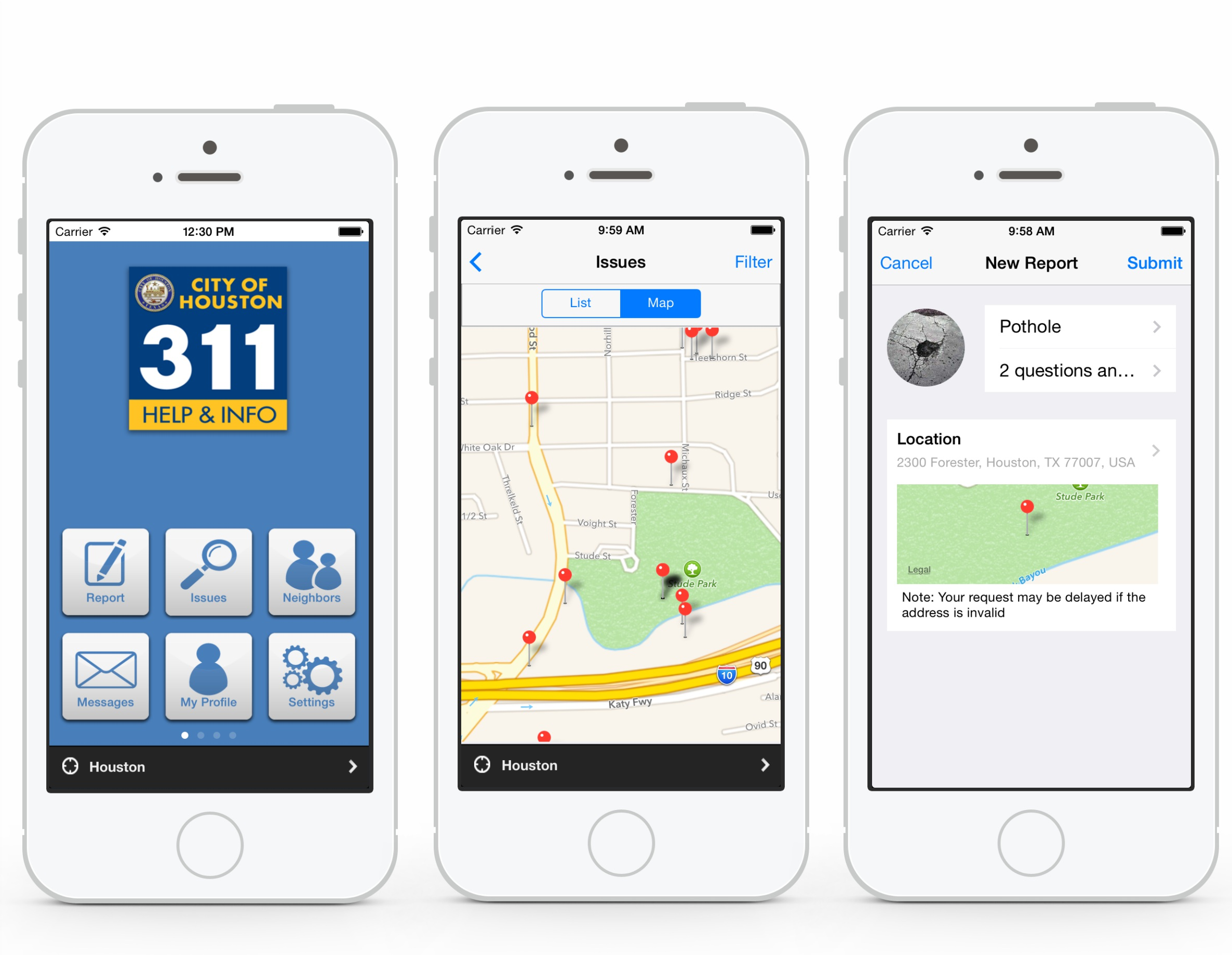 Different mobile views from the Houston Texas SeeClickFix app.