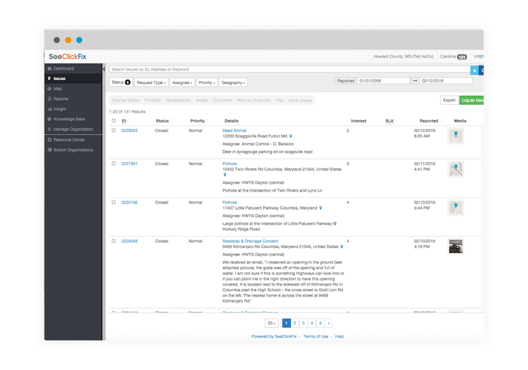 A desktop view of the Howard County SeeClickFix app, showing a list of all reported requests.