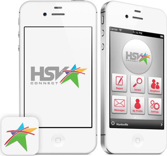 Different mobile views from the Huntsville SeeClickFix app.