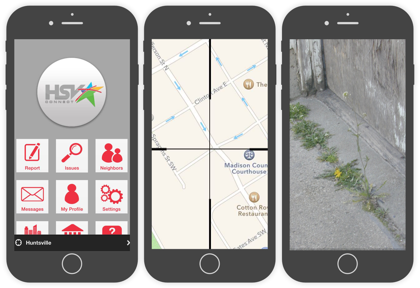 Different mobile views from the Huntsville SeeClickFix app.