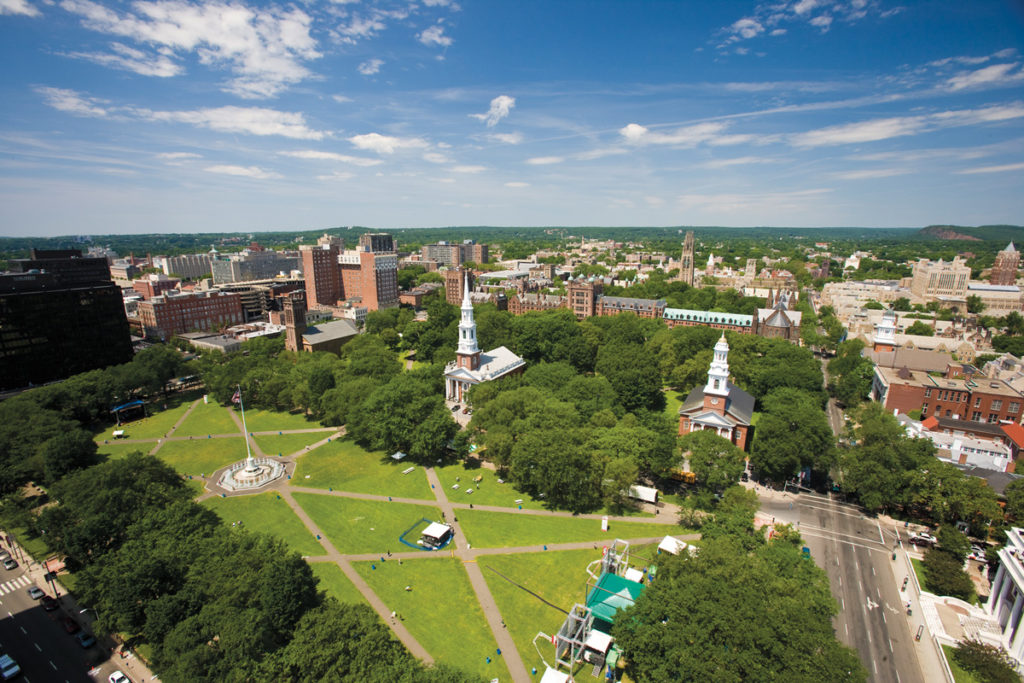 Overhead shot of the New Haven Green park area.