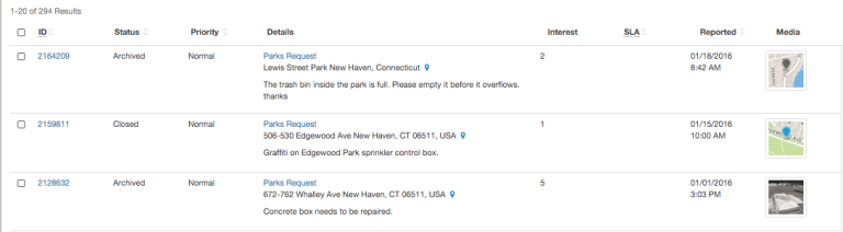 A snapshot of the list of requests from the New Haven Parks Department desktop app.