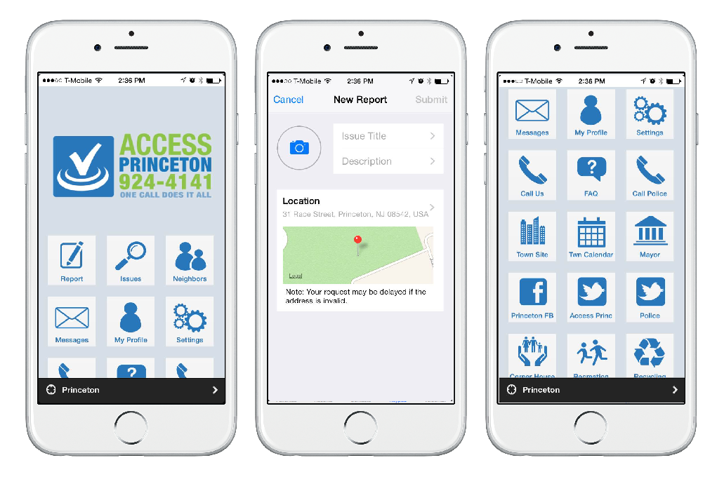 Different mobile views from the Princeton SeeClickFix app.