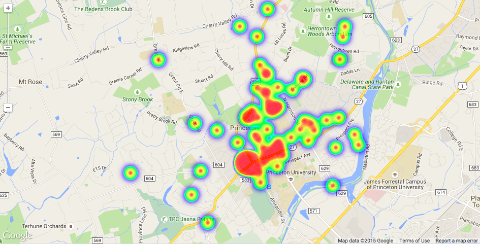 A heat map showing the general density of requests being reported on the Princeton SeeClickFix app.