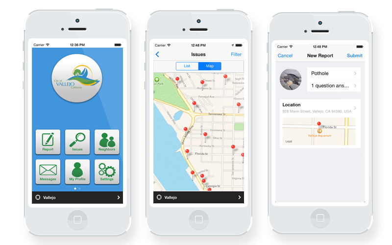 Different mobile views from the Vallejo SeeClickFix app.
