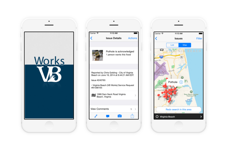 Different mobile views from the Virginia Beach SeeClickFix app.