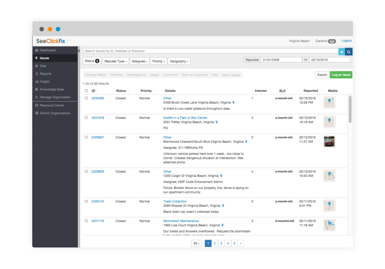 A desktop view of the Virginia Beach SeeClickFix app, showing a list of all reported requests.