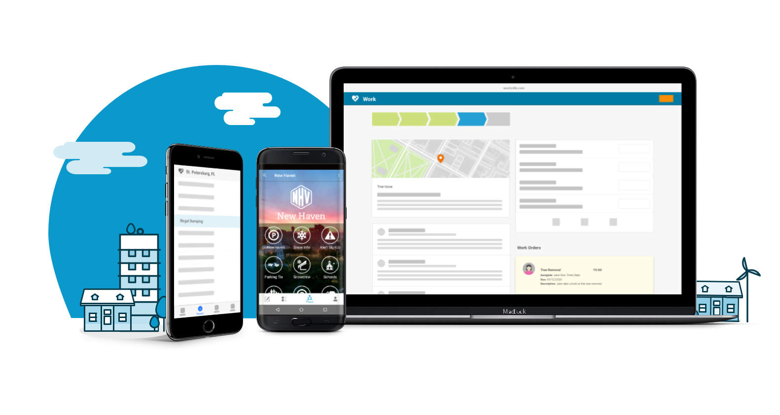Screens of a SeeClickFix branded mobile app and how a government official would manage requests.