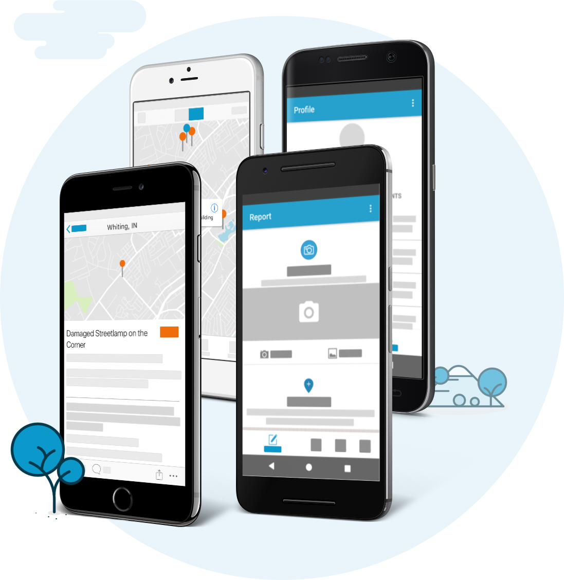 Several examples of reporting issues through SeeClickFix on a mobile device.