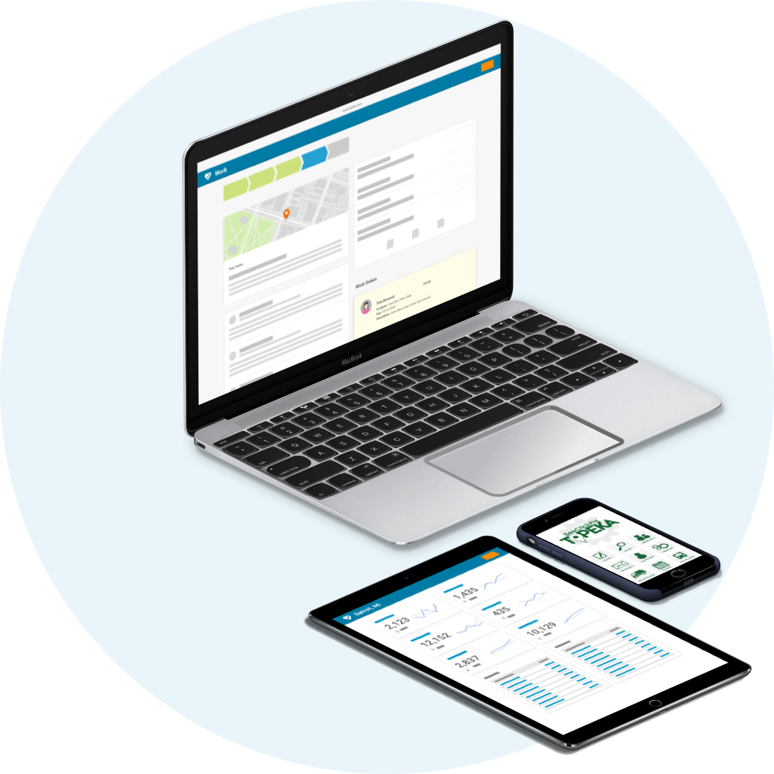 Several examples of how government officials would manage and track SeeClickFix issues, on various devices.