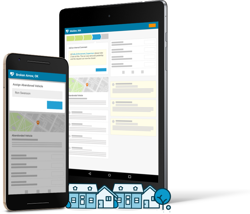 Screens showing how government officials would talk with internal staff and citizens while managing a request.