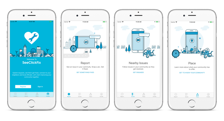 Several mobile phones showing the ways to submit an issue on SeeClickFix.