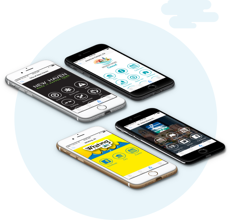 Several SeeClickFix branded app home screens on mobile phones.